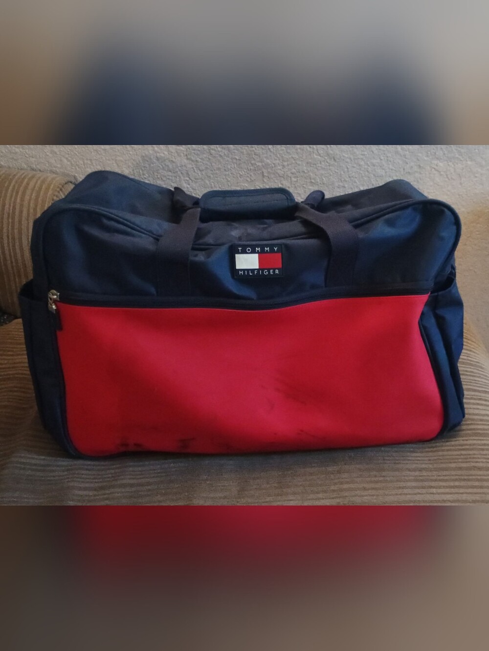 Tommy Hilfiger Navy and Red Duffel Bag with Front Zip Pocket